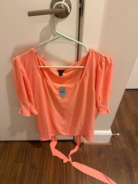 Ann Taylor Coral Waist Tie Short Sleeve Blouse